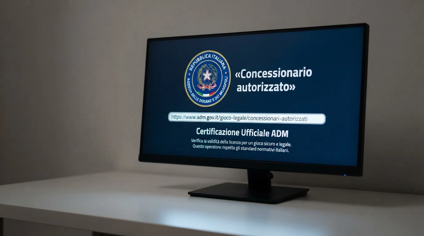 Un dettaglio di un monitor su cui compare il logo ADM accanto alla dicitura «Concessionario autorizzato», con l'URL del sito ufficiale ADM in sovraimpressione per invitare alla verifica.