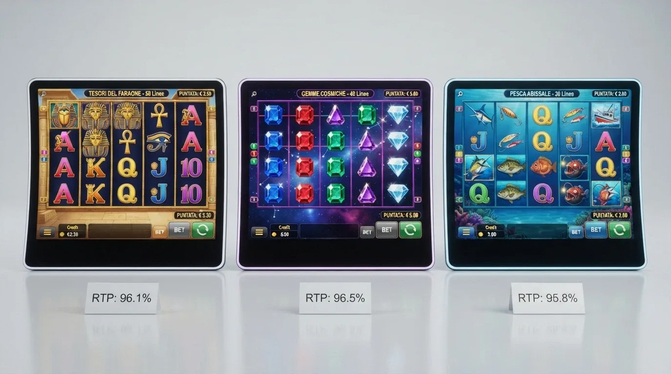 Tre slot machine affiancate — Book of Dead, Starburst e Starburst XXXtreme — con i rispettivi dati RTP in evidenza