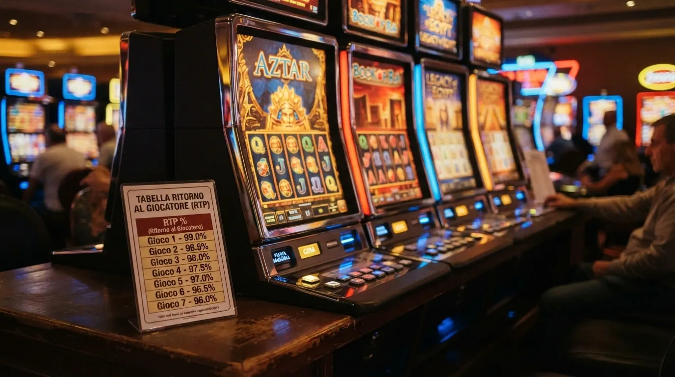 Griglia di slot machine online con le percentuali RTP in evidenza, dai titoli con RTP 99% a quelli nella media