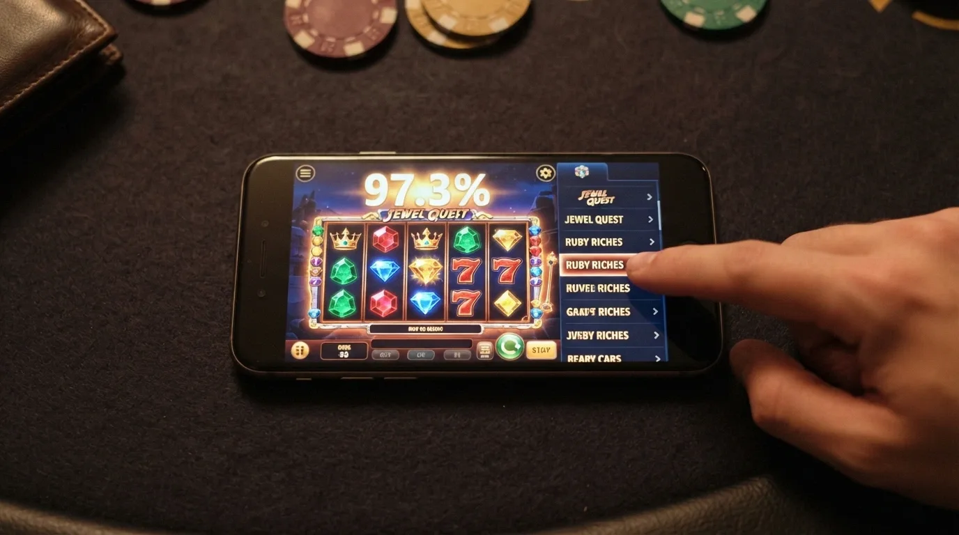 Una schermata di slot online con l'indicatore RTP in evidenza e una mano che seleziona il titolo