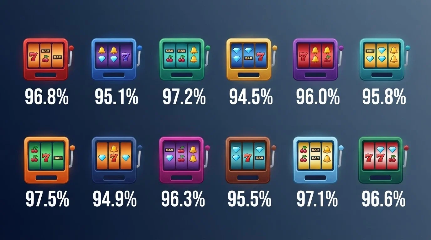 Una griglia di icone di slot machine con i nomi Big Bass Bonanza, Book of Dead, Starburst e Sweet Bonanza e le percentuali RTP accanto a ciascuna