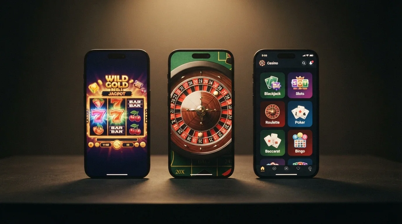 Tre schermate iPhone affiancate: una slot Pragmatic Play in modalità landscape, un tavolo di roulette live con dealer in HD e un menu di catalogo giochi