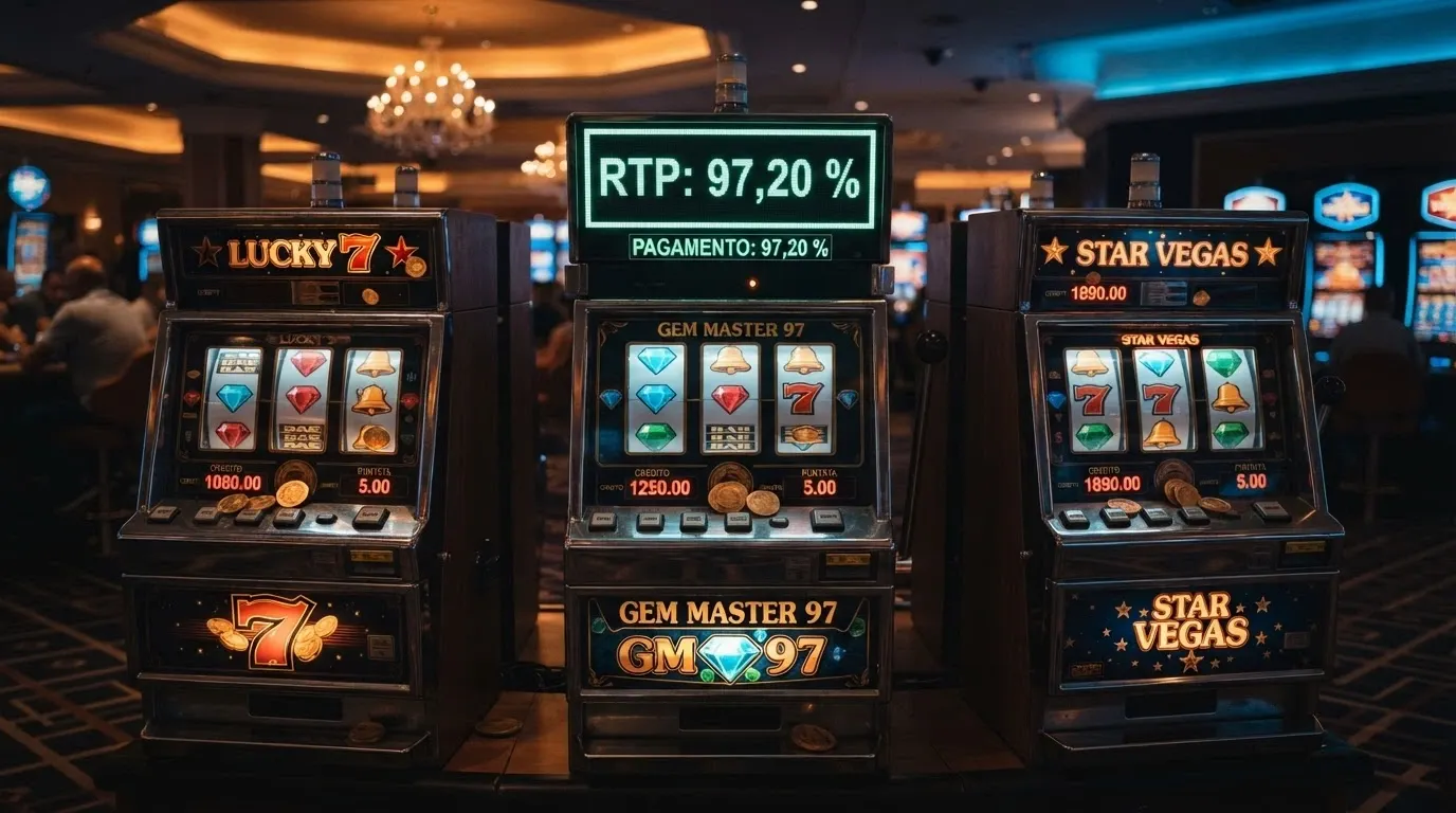 Tre slot machine illuminate con simboli Bitcoin, una delle quali mostra il pannello RTP con percentuale sopra 97%
