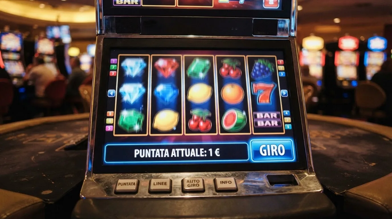 Schermata di una slot machine online con interfaccia colorata e il pulsante della puntata impostato su 1 euro