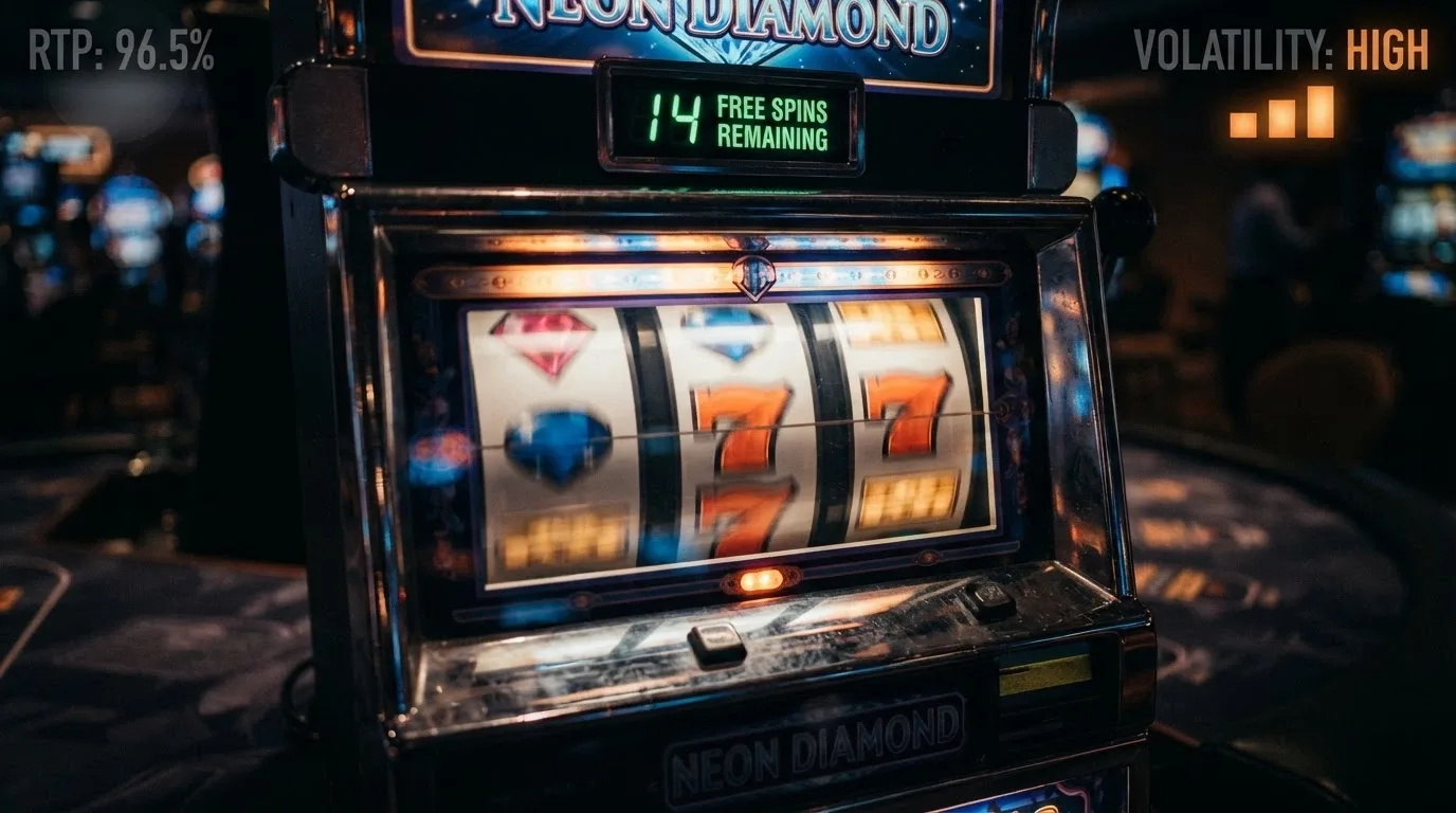 Un rullo di slot machine in movimento con cinque simboli allineati e un contatore di giri gratis (FS) visibile in alto, su sfondo scuro con dati tecnici (RTP, volatilità) in overlay leggero