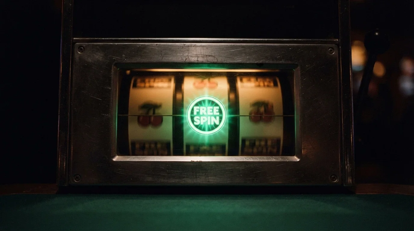 Il rullo di una slot machine con il simbolo free spin illuminato, nessuna fiche sul tavolo a indicare assenza di deposito