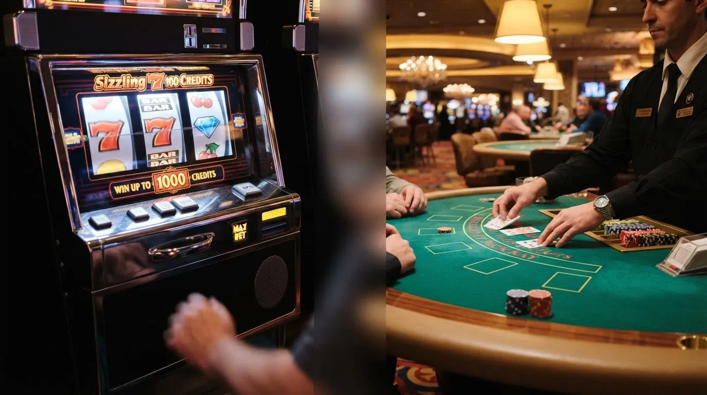 Una schermata divisa: a sinistra i rulli di una slot online, a destra un tavolo da live casinò con croupier in diretta