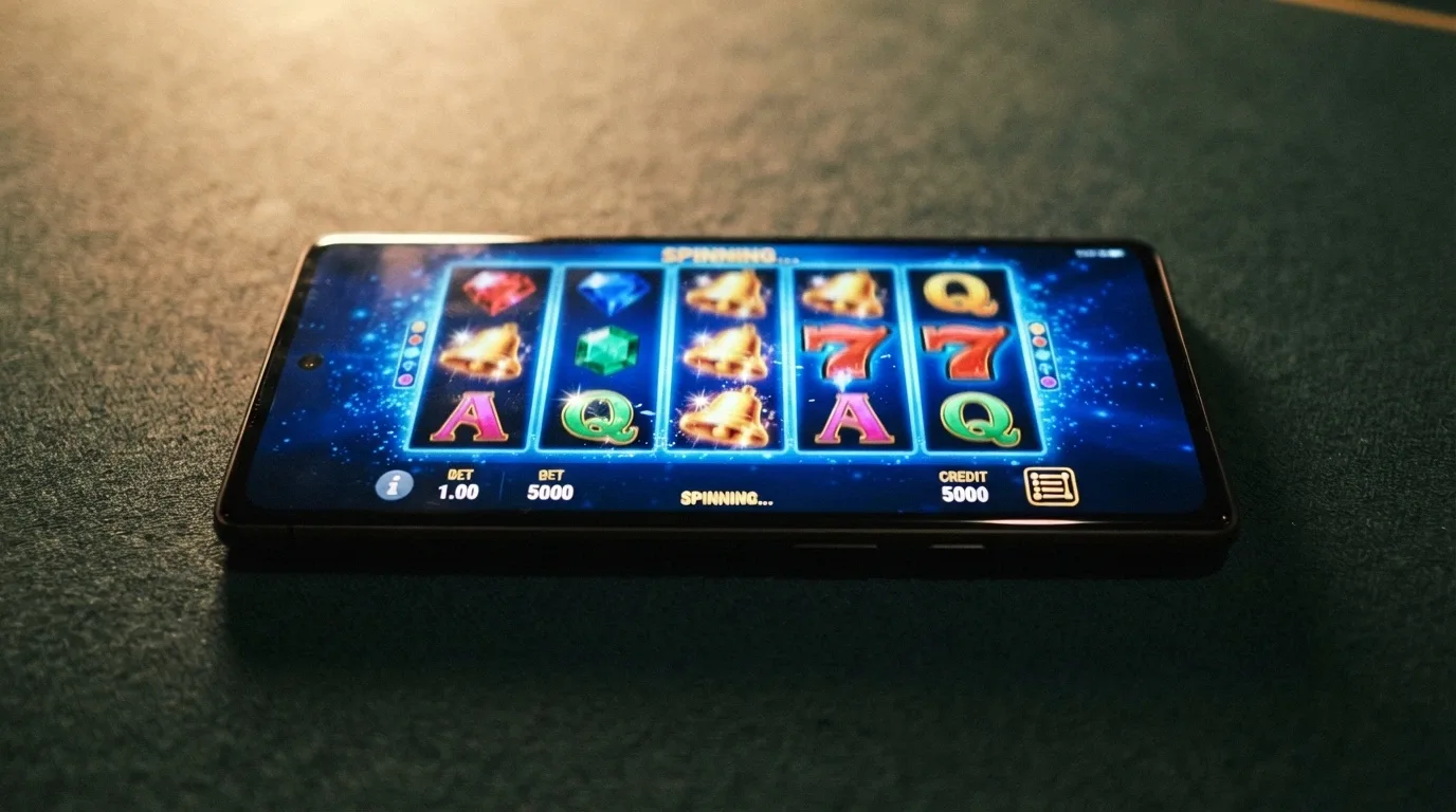 Una slot machine colorata sullo schermo di uno smartphone Android in orientamento orizzontale, con i rulli in movimento