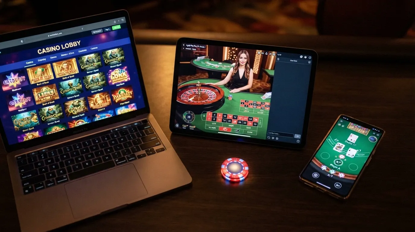 Una griglia di icone di giochi da casinò — slot, roulette, blackjack, live dealer — con il simbolo DOGE in primo piano