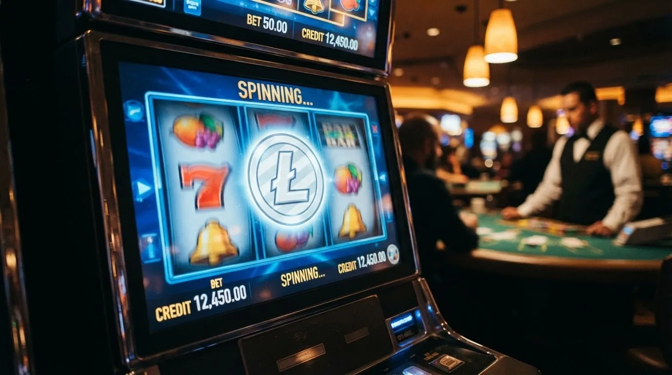 Una slot machine digitale con rulli in movimento e il logo Litecoin, sullo sfondo un tavolo da live casino con un dealer in uniforme