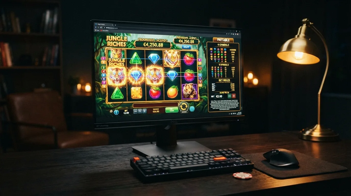 Una slot machine online con rulli colorati visualizzata su desktop, con il pannello delle informazioni di gioco aperto