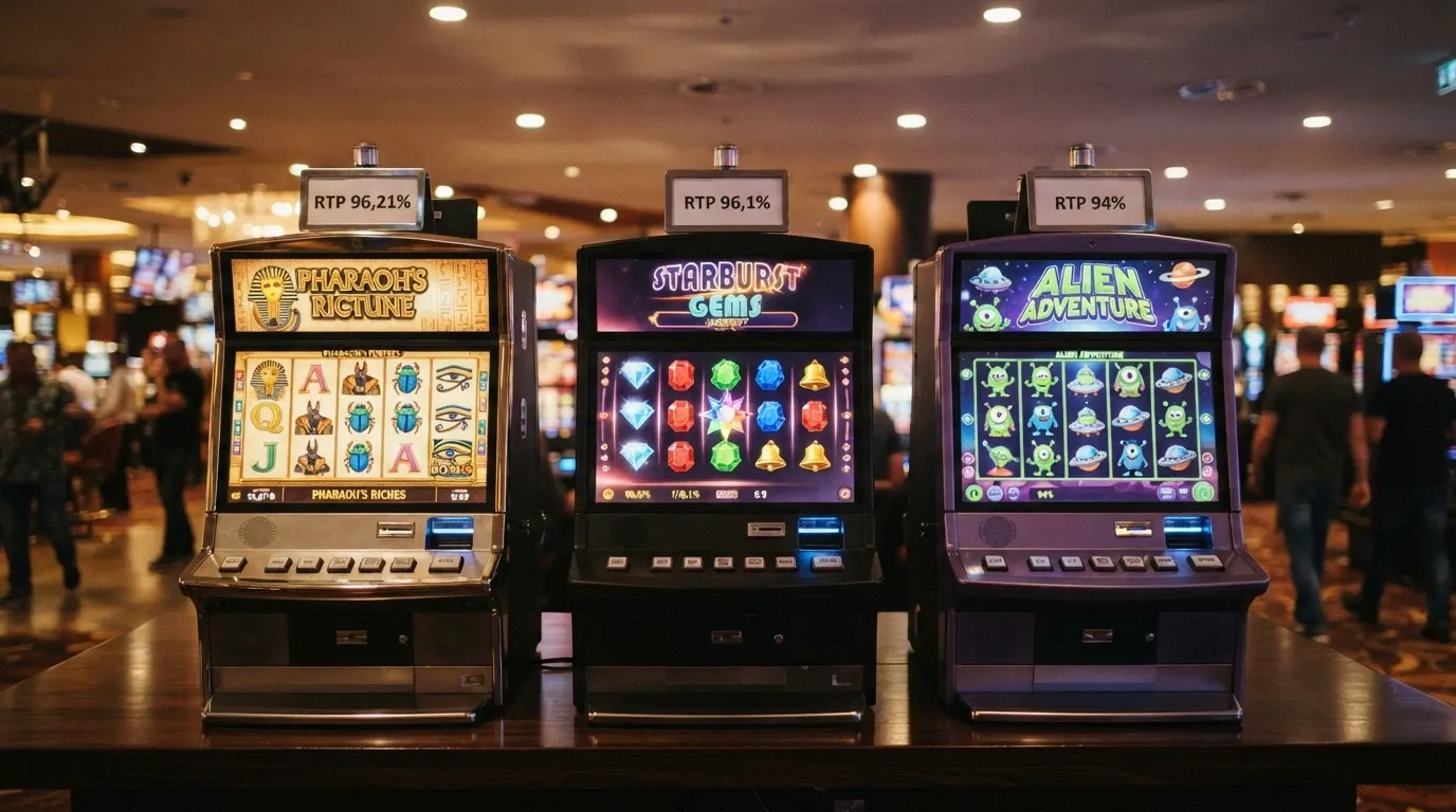 Tre slot machine affiancate con interfacce diverse, ciascuna con il proprio valore di RTP e volatilità indicato sopra lo schermo