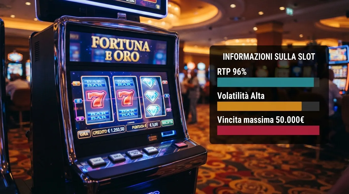 Una slot machine colorata in primissimo piano, con i rulli in movimento, e accanto un piccolo grafico a barre che mostra tre valori: RTP 96%, volatilità, vincita massima — il tutto sovrapposto a uno sfondo da casinò.