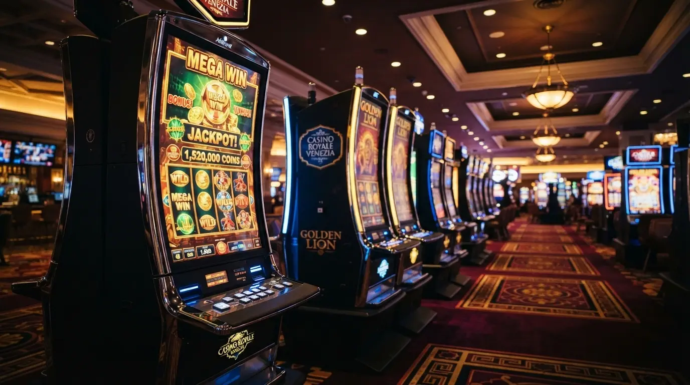Una fila di slot machine accese nella sala giochi del Casinò di Sanremo, con lo schermo di una slot in primo piano
