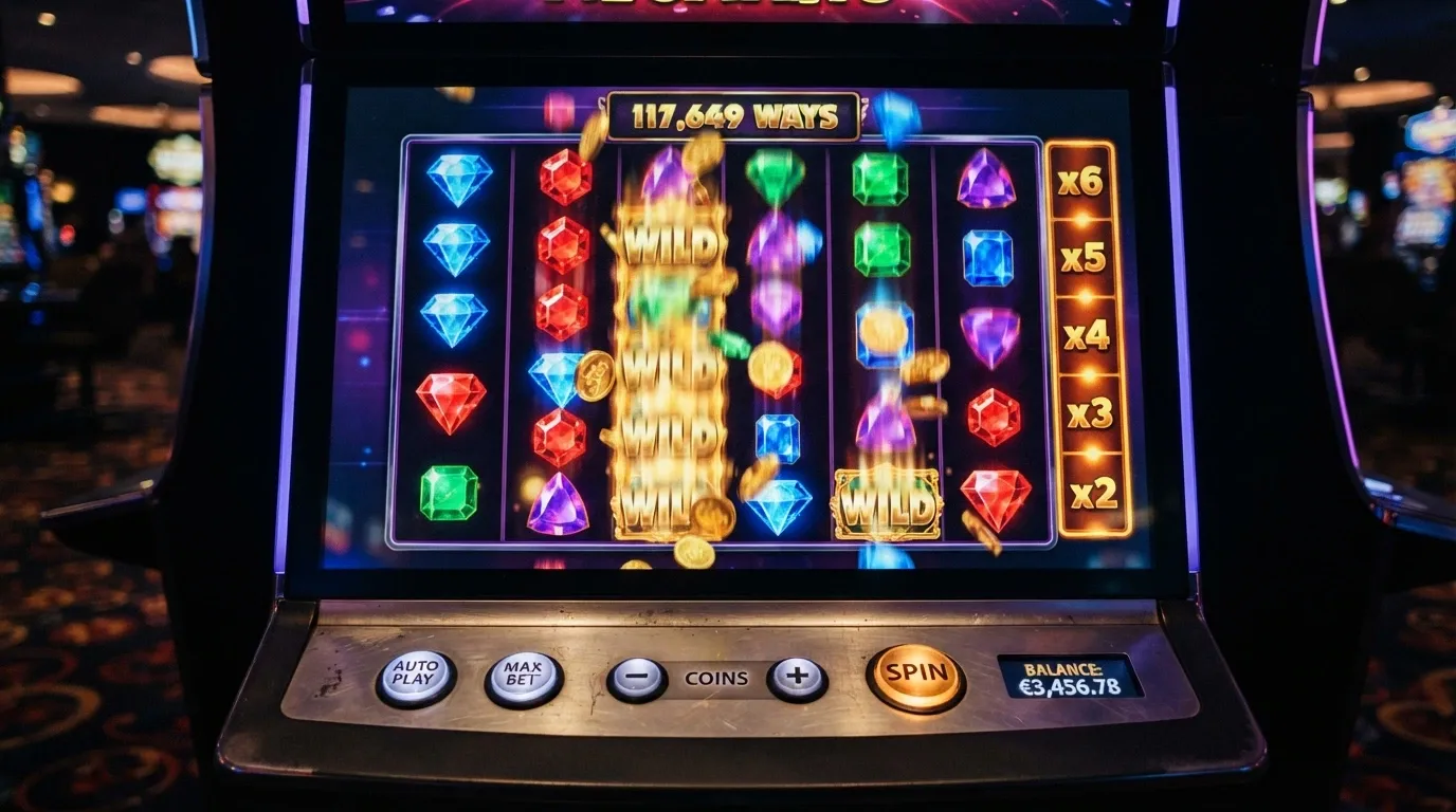 Interfaccia di una slot machine Megaways con rulli multipli, moltiplicatori a cascata e contatore delle combinazioni attive