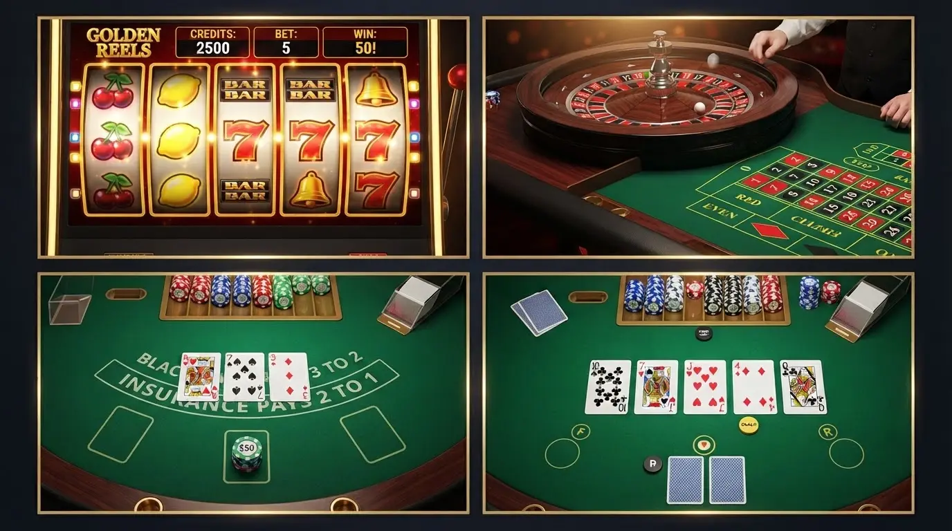Griglia colorata con quattro schermate di giochi diversi — una slot, un tavolo di roulette live, una mano di blackjack e una sala poker — in stile mosaico