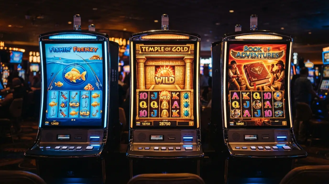 Tre slot machine affiancate con schermi accesi che mostrano rulli in movimento — in primo piano i titoli Big Bass Bonanza e Book of Ra