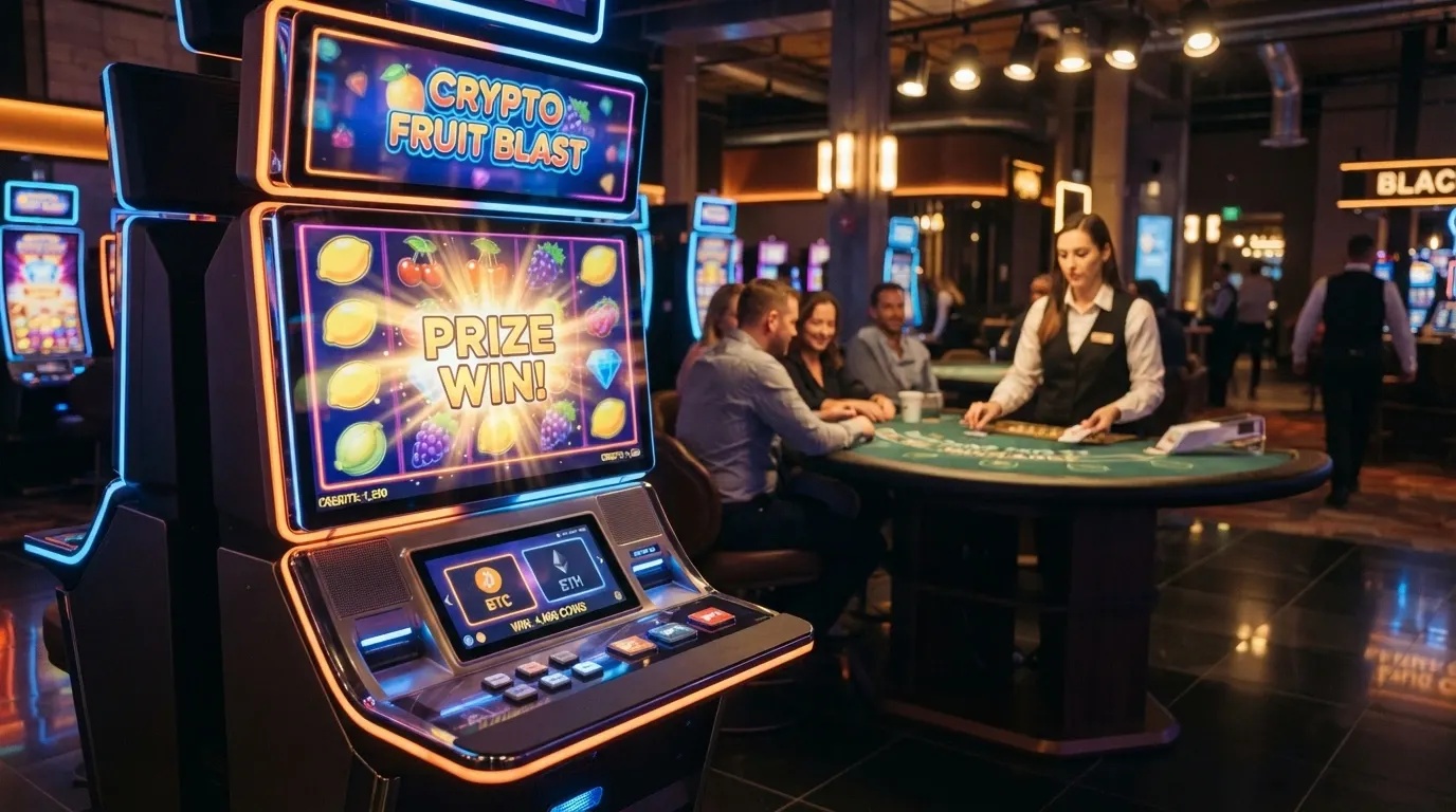 Una slot machine digitale con il logo di un provider noto e un tavolo da live casino sullo sfondo