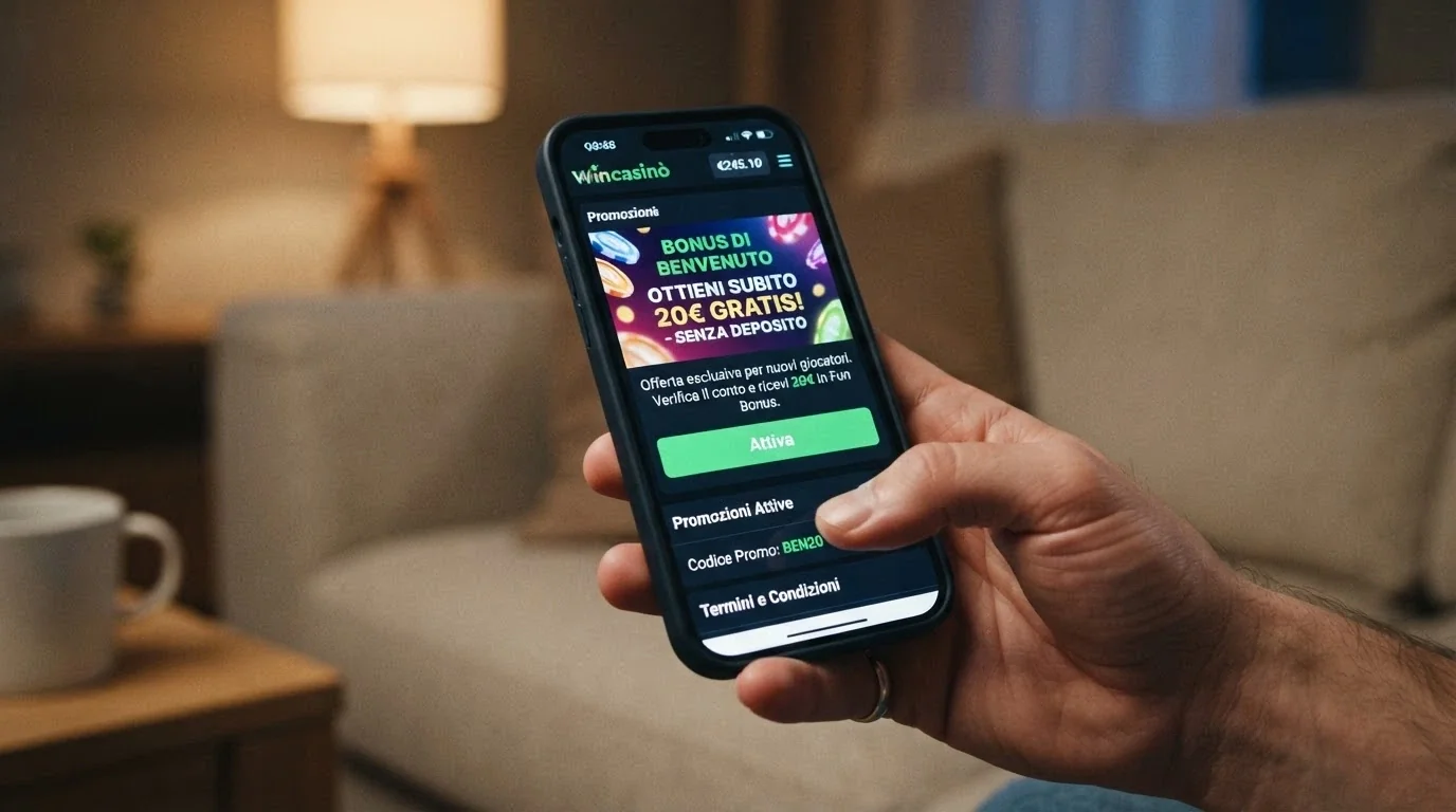 Una mano che regge uno smartphone in verticale con l'interfaccia di un casinò app aperta sulla sezione promozioni, sullo sfondo sfocato un divano e una tazza di caffè — il contesto domestico del gioco mobile.