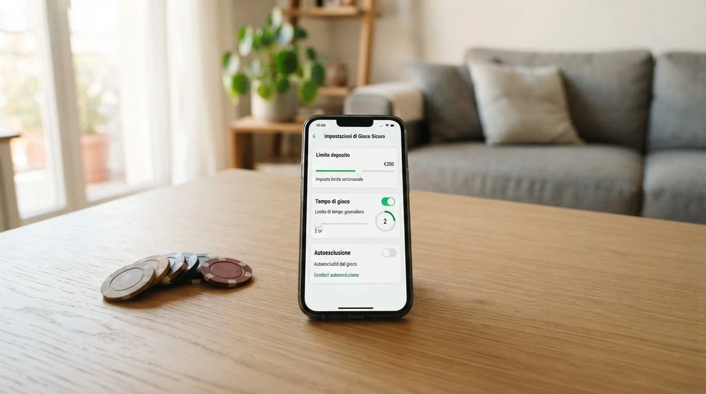 Pannello di controllo con opzioni di limite di deposito, tempo di gioco e autoesclusione attivabili dall'area personale