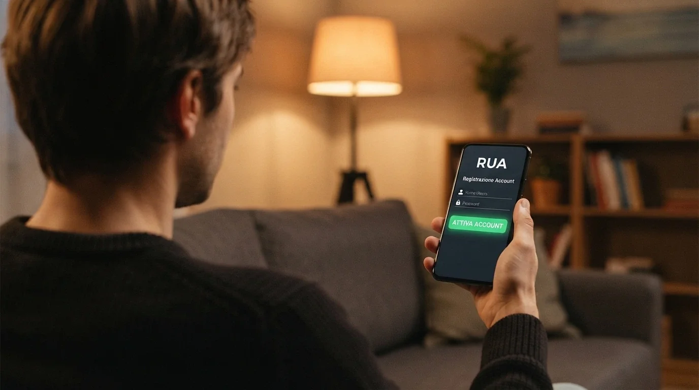 Uno smartphone con la schermata di attivazione del RUA tramite SPID e il Numero Verde 800 558822 in sovraimpressione