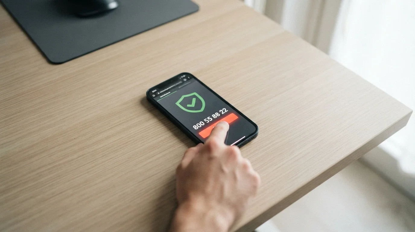 Una mano che preme il tasto «autoesclusione» su uno schermo, con il numero verde 800 55 88 22 in evidenza