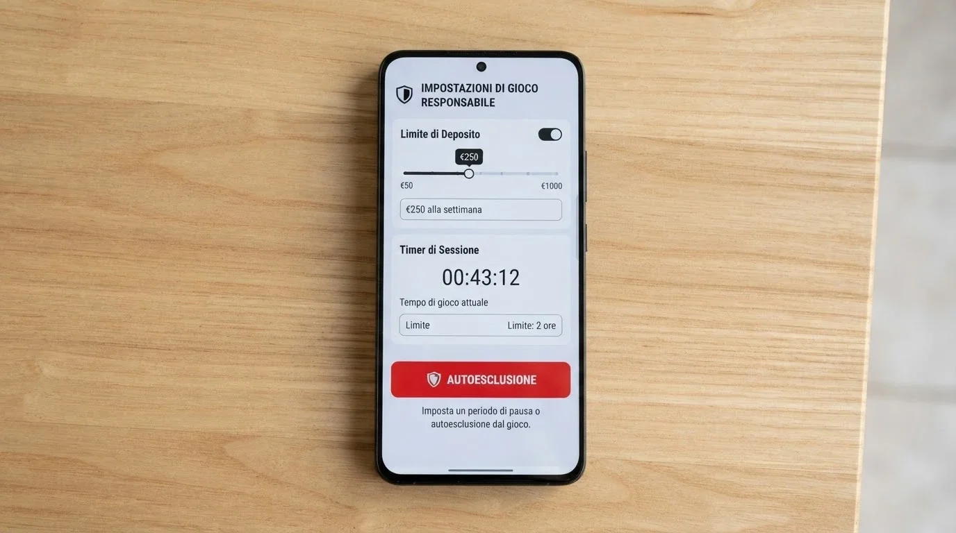 Una schermata con i controlli di limite di deposito, il timer di sessione e il pulsante di autoesclusione visibili nell'interfaccia di un casinò ADM