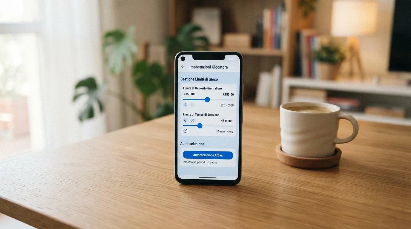 Interfaccia di un pannello di controllo giocatore con limiti di deposito, tempo e autoesclusione visibili