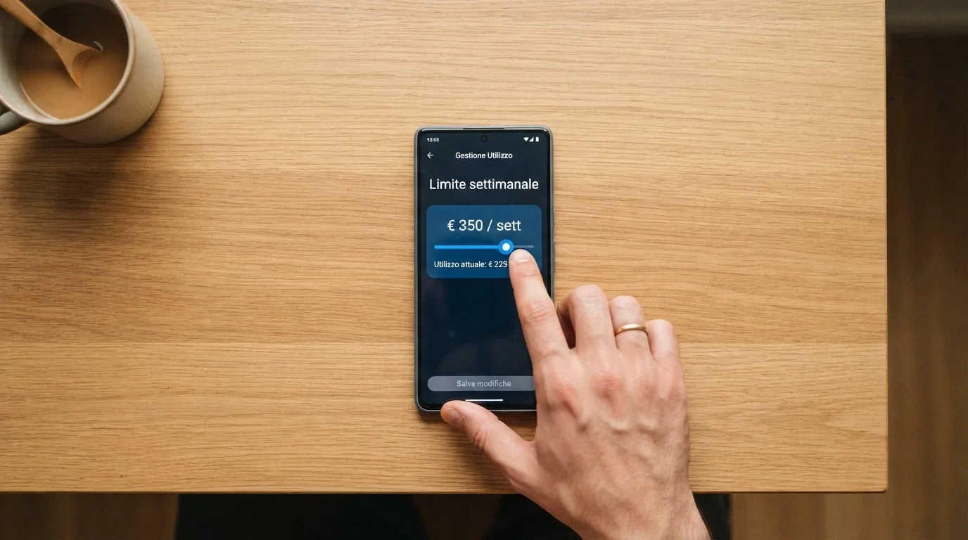 Una mano che imposta un limite di deposito settimanale sull'interfaccia di un casinò online italiano