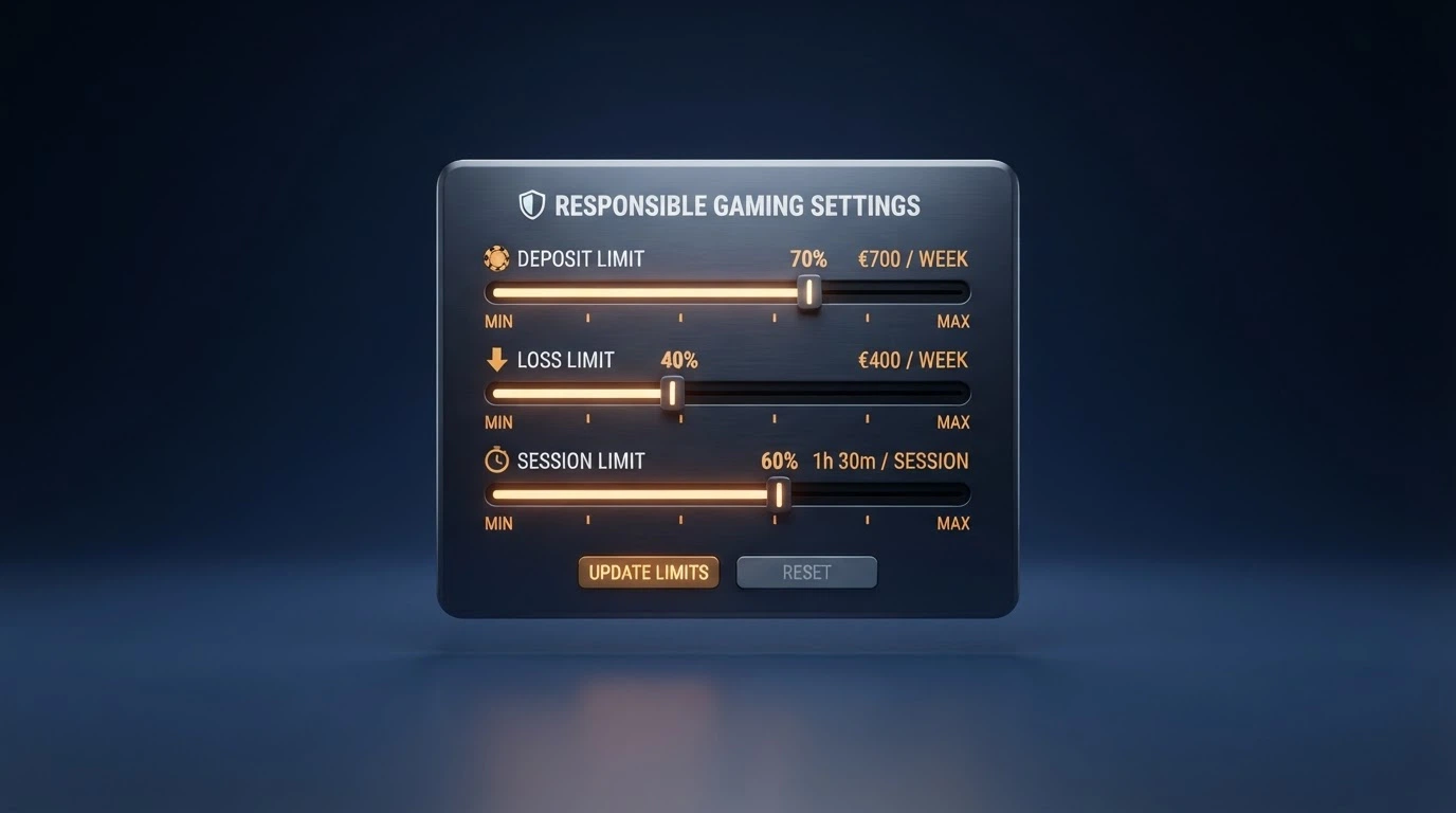 Pannello di controllo di un casinò online con le opzioni per impostare limiti di deposito, perdita e tempo di gioco