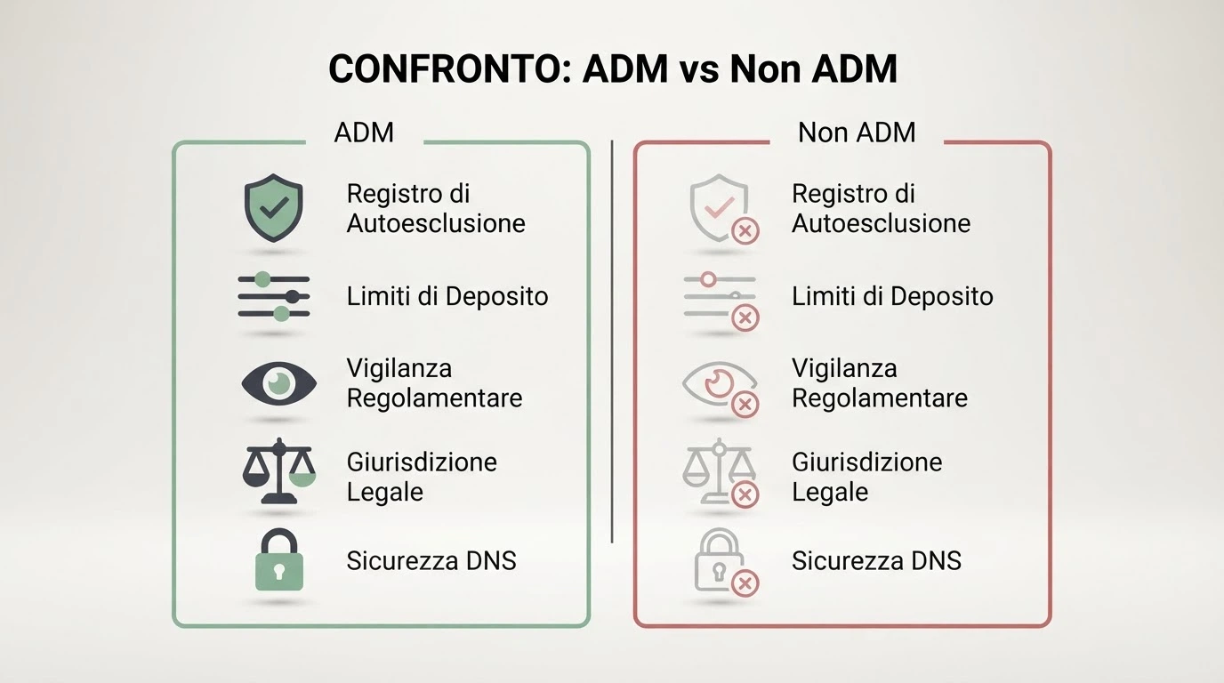 Infografica a due colonne: a sinistra le tutele di un casinò ADM (RUA, limiti deposito, foro italiano), a destra l'assenza di tutele in un casinò senza concessione