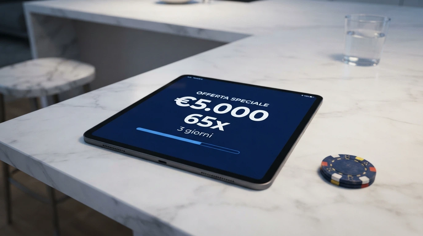 Schermata di un pannello promozioni con cifre di bonus, requisiti di puntata e termini di validità