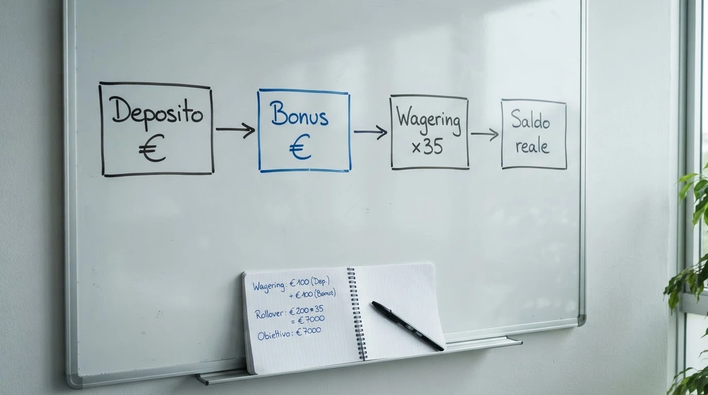 una lavagna bianca con uno schema semplificato che mostra il flusso: deposito → bonus → wagering ×35 → saldo reale, con una calcolatrice accanto