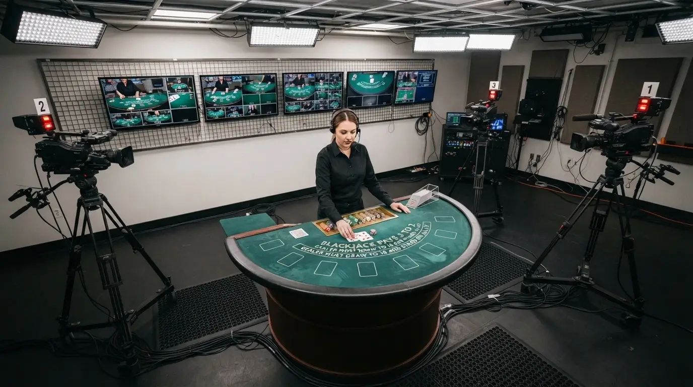 Croupier dal vivo davanti a un tavolo da blackjack con telecamere e monitor nello studio
