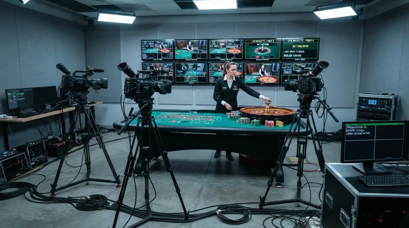Telecamere multiple puntate su un tavolo da roulette in uno studio professionale, con regia e monitor sullo sfondo