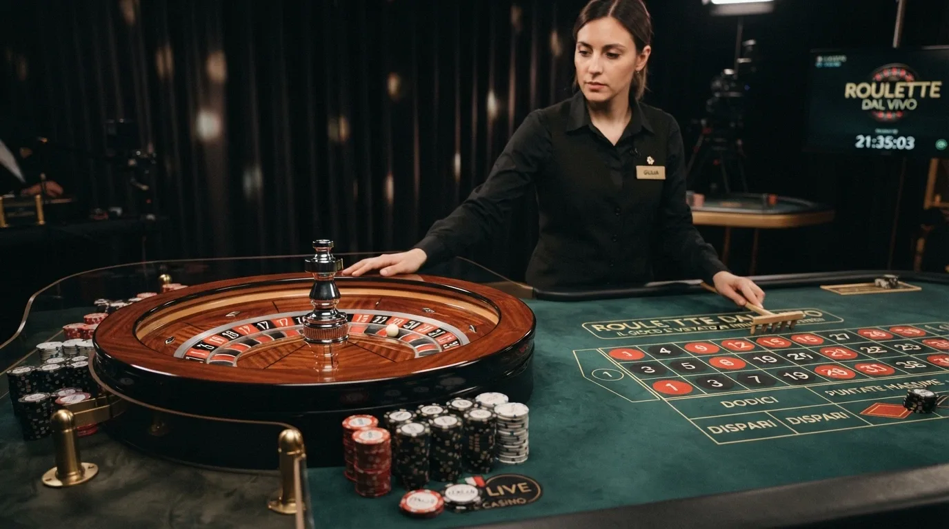 Tavolo di roulette dal vivo in streaming con croupier reale e interfaccia di puntata in italiano