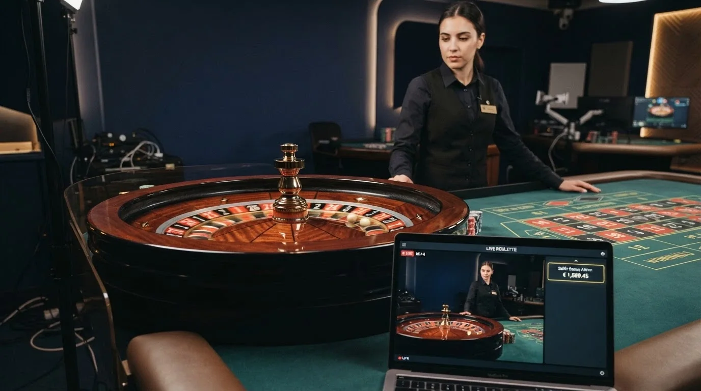 Un tavolo di roulette dal vivo con croupier in streaming e l'interfaccia di gioco che mostra un bonus attivo