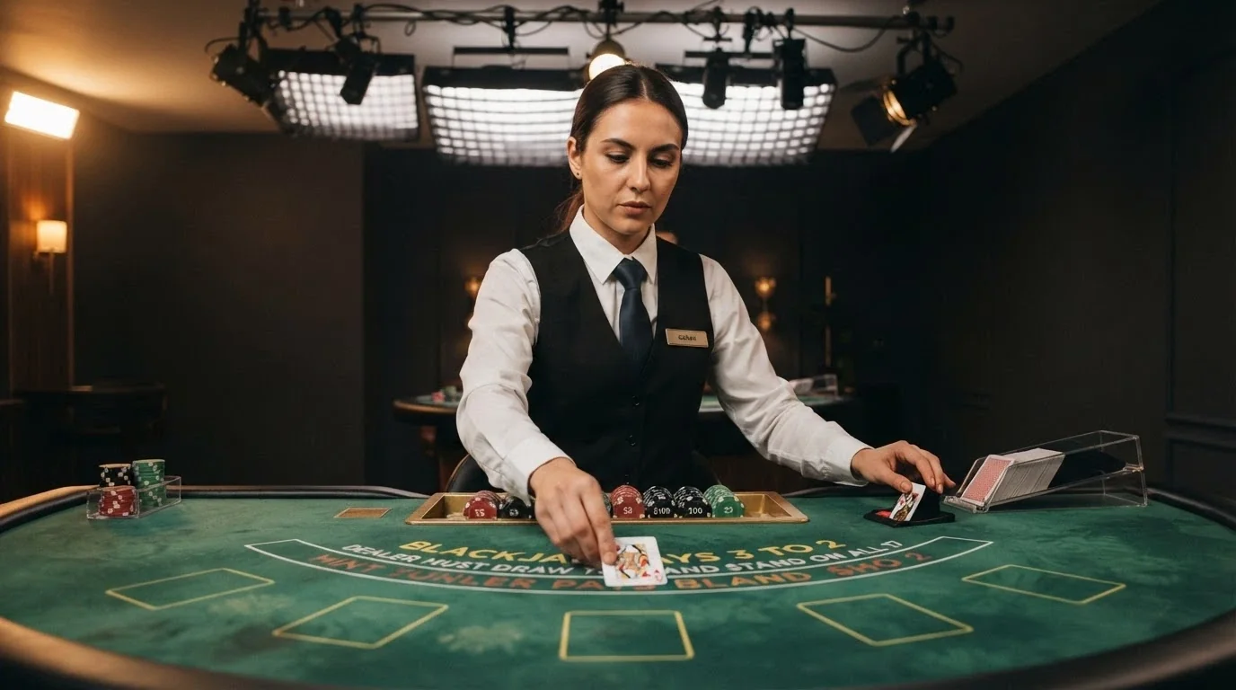Tavolo da blackjack con croupier dal vivo, interfaccia di puntata con limiti alti e posti VIP disponibili