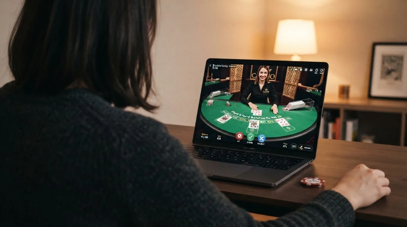 Un tavolo da blackjack live con un solo giocatore seduto e un dealer professionale in un ambiente riservato