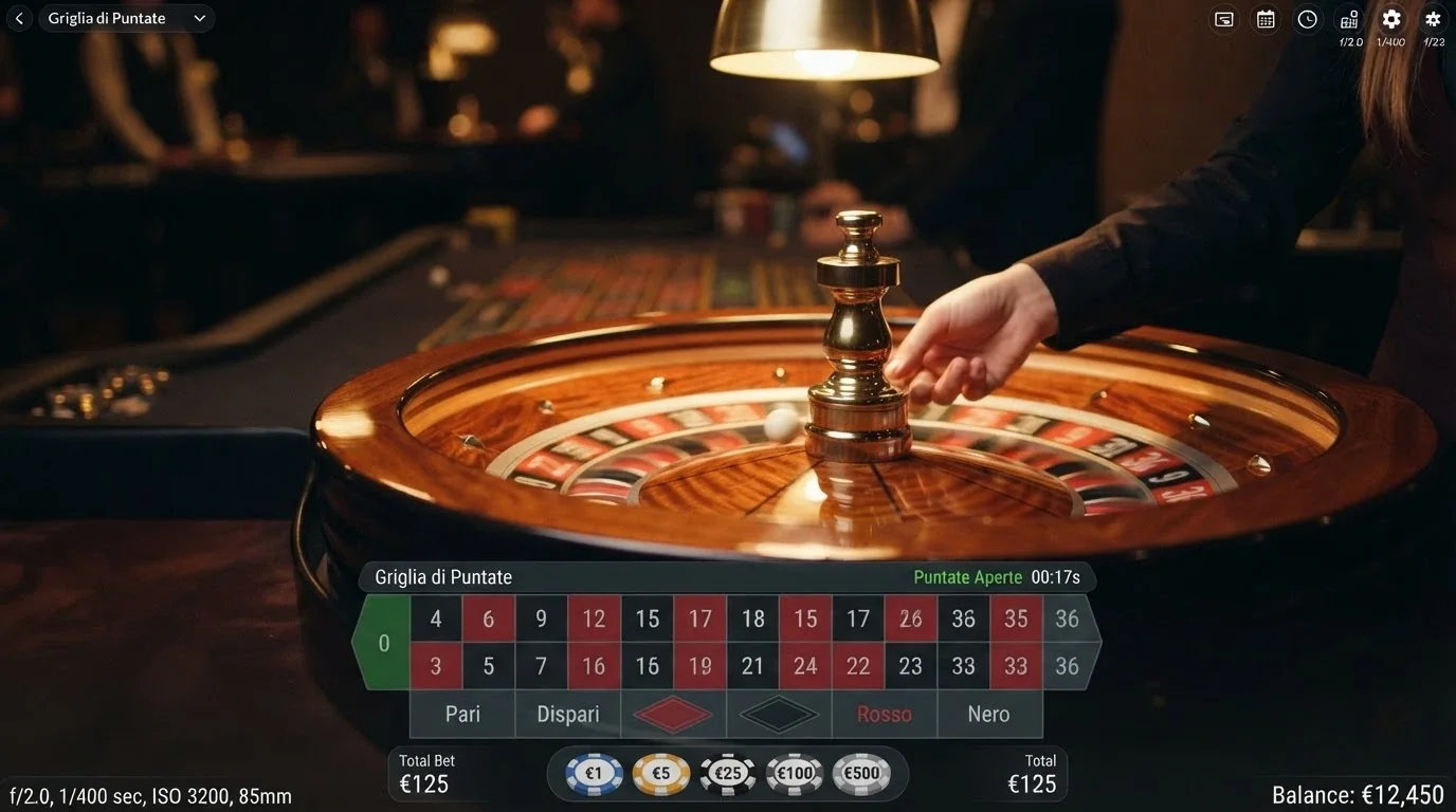 Un croupier in uniforme che fa girare la pallina su una roulette live, con l'interfaccia delle puntate visibile in sovrimpressione