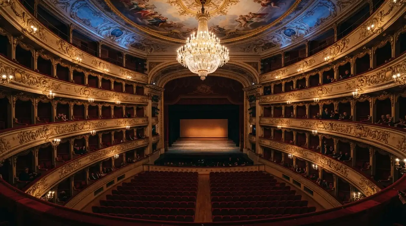 L'interno del Teatro dell'Opera del Casinò di Sanremo con platea, palchi e lampadario centrale illuminato