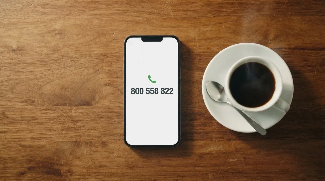 Uno smartphone con il numero 800 558 822 sullo schermo e l'icona del Telefono Verde accanto, posato su una scrivania con una tazza di caffè