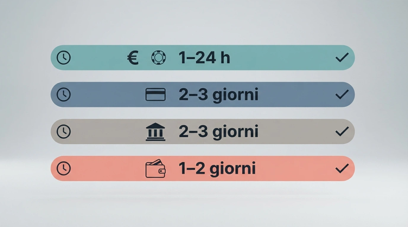 Icone dei metodi di pagamento (carta, PayPal, bonifico, crypto) affiancate da linee temporali che mostrano i tempi di elaborazione