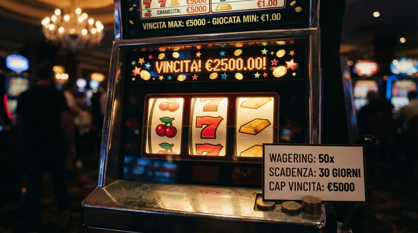Primo piano di una slot machine con simboli allineati e un pannello laterale che mostra i termini del bonus: wagering, scadenza e cap