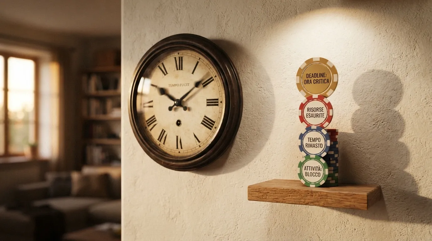 Un orologio da parete stilizzato con le lancette che corrono accanto a una pila decrescente di banconote da 100€, 50€, 20€ fino a una moneta solitaria