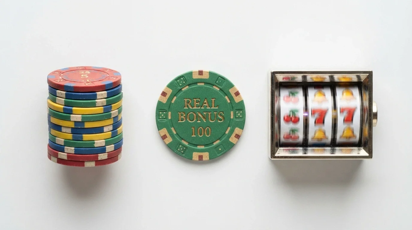 Tre icone affiancate che rappresentano Fun Bonus (gettoni colorati), Real Bonus (banconota con segno di spunta) e Giri Gratuiti (rulli di slot in rotazione)