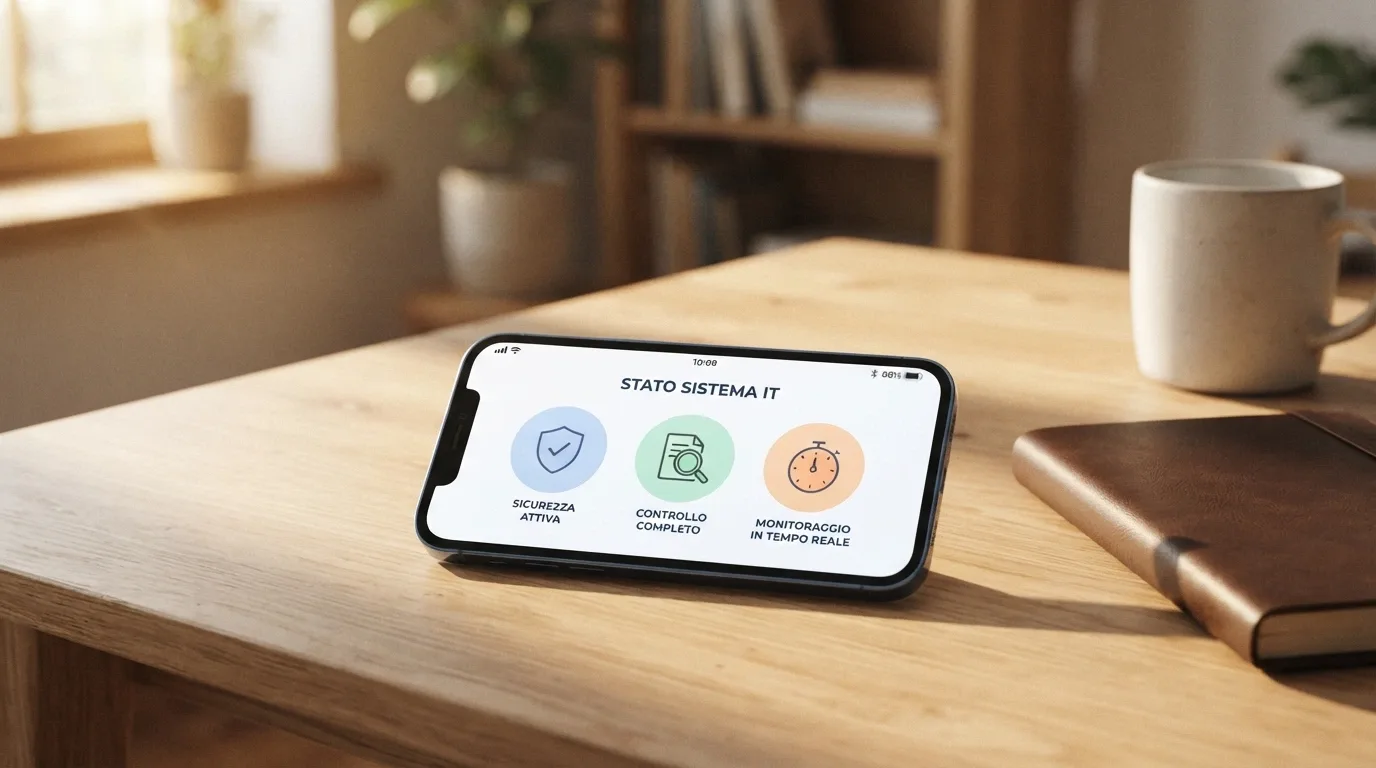Un iPhone appoggiato su una scrivania con tre icone in fila: un badge ADM, una lente su un foglio di T&C e uno scudo con un timer