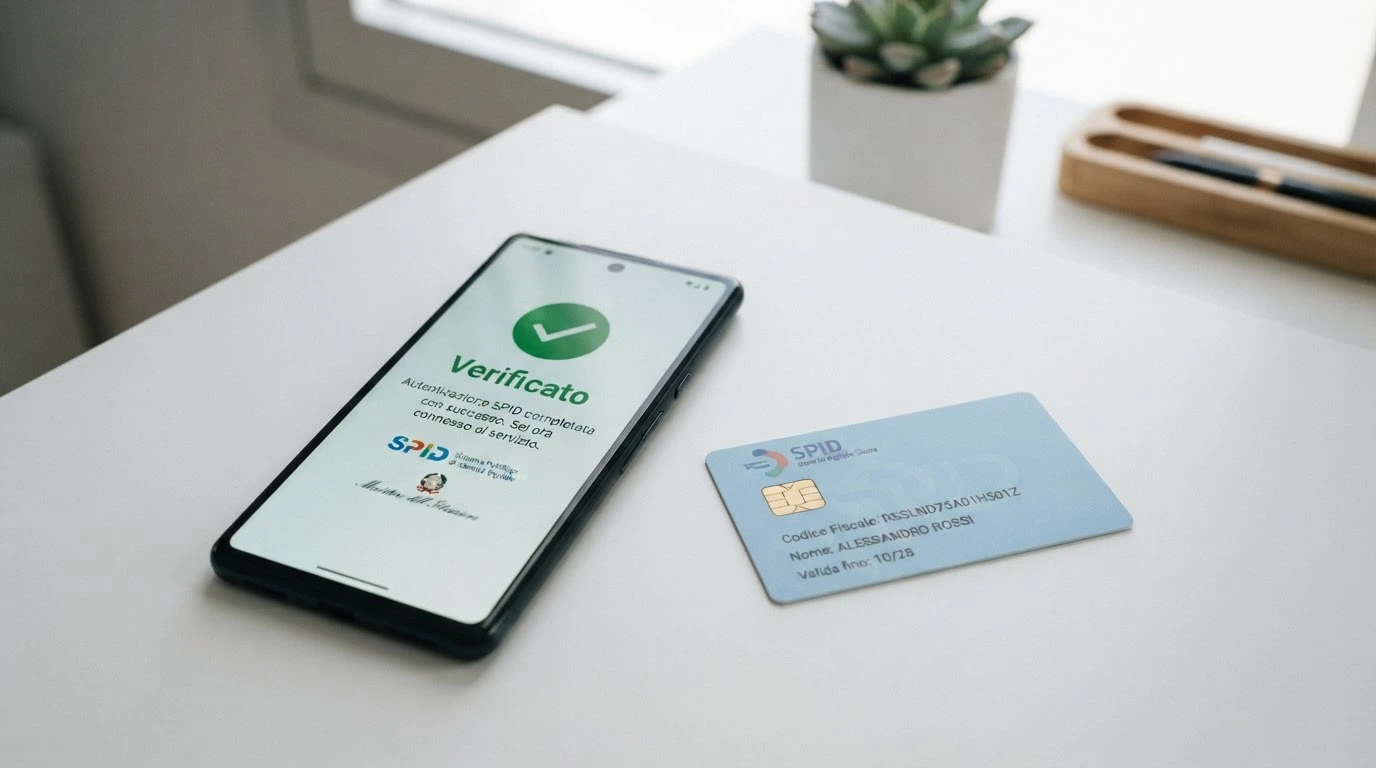 uno smartphone con la schermata di login SPID in evidenza, accanto al logo della CIE e a un badge virtuale con un segno di spunta verde